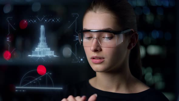 Hightech Glasses Woman Architect Inspecting Building Project Hologram Thinking alt