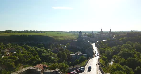 Aerial drone view of Kamianets-Podilskyi Old castle in the western Ukraine.
