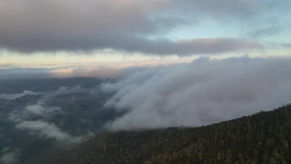 Fog and Mist above Mt Wellington (Kunanyi), Hobart, Tasmania Aerial Drone 4K