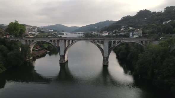 Pull back of bridge over tamega river, Penafiel Portugal, close up of european landmark