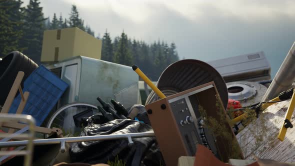 Rubbish dump on the meadow near the forest.. Junkyard full of messy trash alt