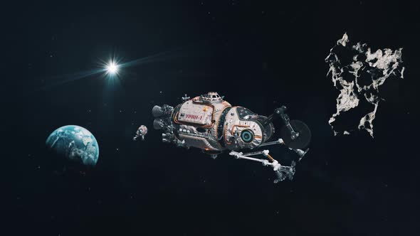 Multiple Asteroid Mining Ship in Space Near Earth alt