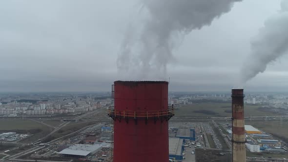 Thermal Power Energy Station View From Height to Pipes in Fog Steam and Smoke From Pipes alt