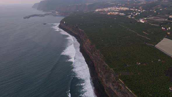 Aerial forward along cliffs with banana plantation fields invaded by solidified lava, La Palma islan alt