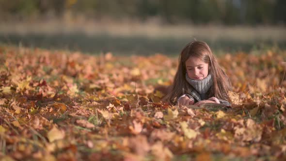 Sweet Girl in Polto Reads a Book Lying on Autumn Fallen Leaves.