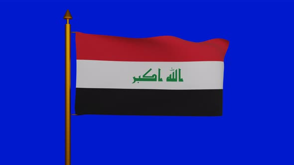 National flag of Iraq waving with flagpole on chroma key, Islamic Republic of Iraq flag textile alt