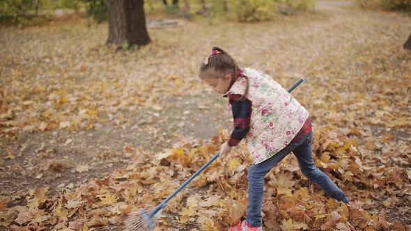 The Little Girl and Her Mother are Cleaning the Foliage That Has Fallen From the Trees