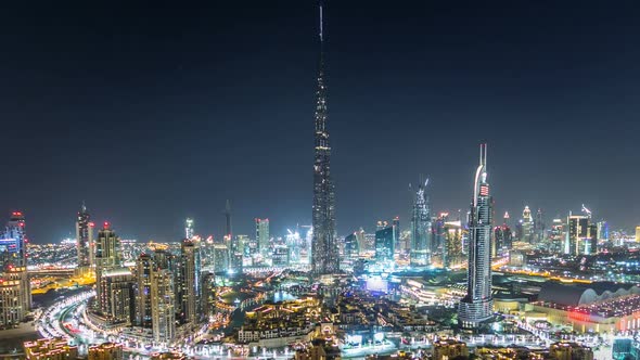 Dubai Downtown at Night Timelapse View From the Top in Dubai United Arab Emirates alt