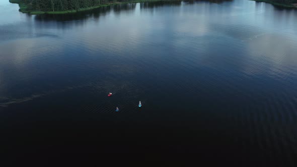 Top View of the Lake Where a Family Swims on Sup Boards at Sunset