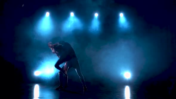 Modern Romantic Choreography Against Black Background with Spotlights in Smoke at Studio, Slow alt