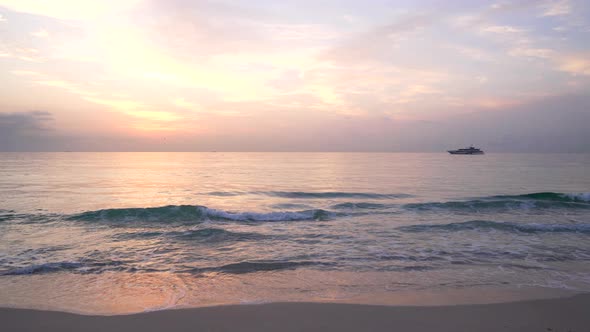 Summer Beach on Sunrise Sky with Seagulls and Yacht Romantic View