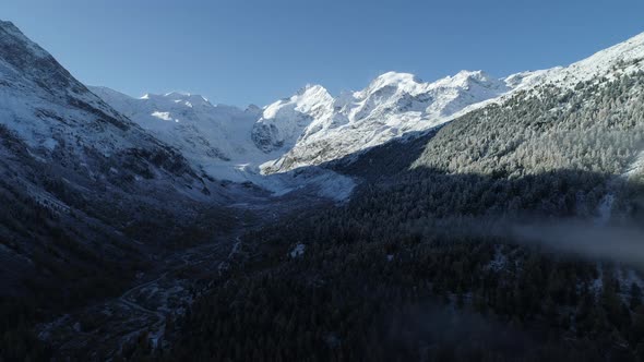 Aerial view of Morteratsch valley, Canton of Graubuenden, Switzerland alt
