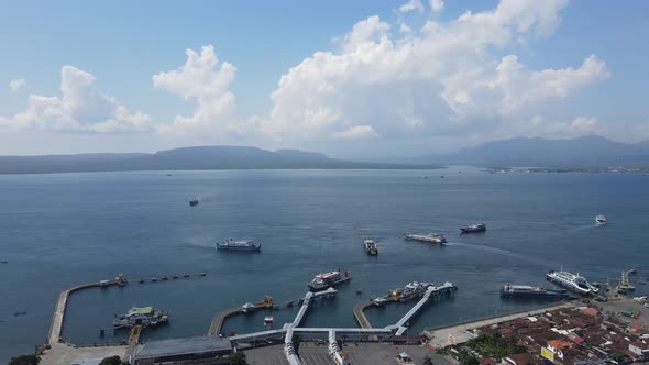 Aerial view of Port in Banyuwangi Indonesia with ferry in Bali Ocean alt
