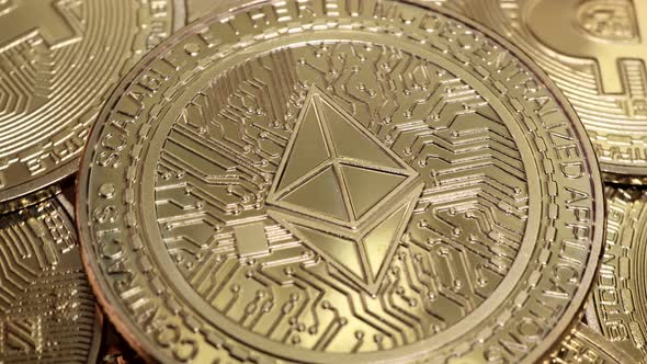 ETH, Ethereum coin on bitcoins background, cryptocurrency investing concept. alt
