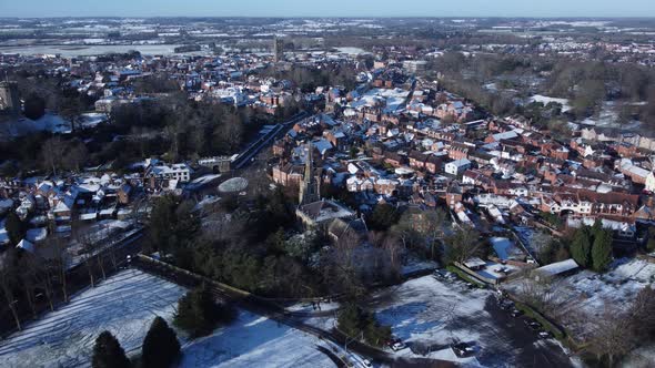 Aerial Warwick Town Winter Snow churches and Castle