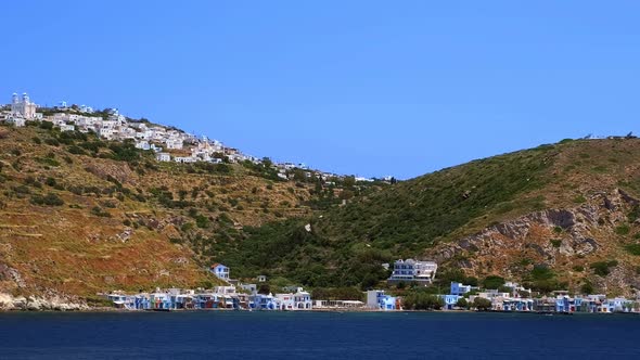 Panning View of Plaka Klima and Adamas Milos Island Greece on Clear Sunny Day