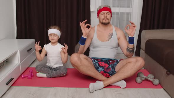 Kid Daughter and Young Father in Retro Style Clothing Doing Yoga Meditation Exercises Together alt