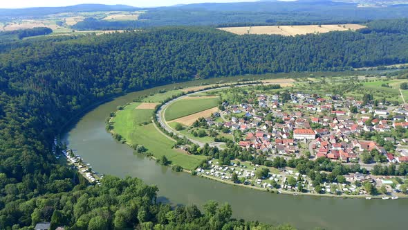Aerial view of river loop Neckar, Binau, Baden-Wuerttemberg, Germany alt