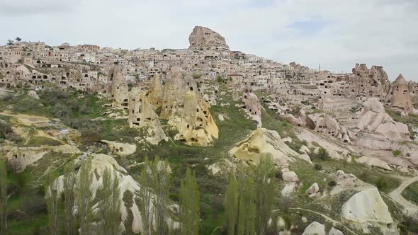 View of Cave Houses in Rock Formation at Ortahisar. Cappadocia