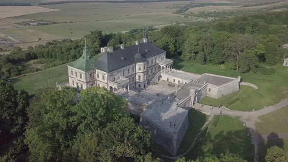 Aerial To Old Romantic Palace Castle Pidhirci in Ukraine alt