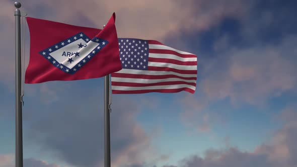 Arkansas State Flag Waving Along With The National Flag Of The USA - 2K alt