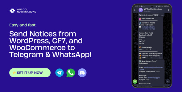 WPCool - Notifications from CF7, WooCommerce to WhatsApp, Telegram, Discord