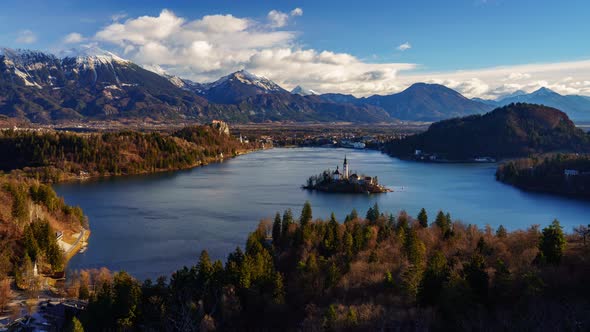 4K Timelapse Aerial view of Lake Bled and Julian Alps at sunrise, Slovenia