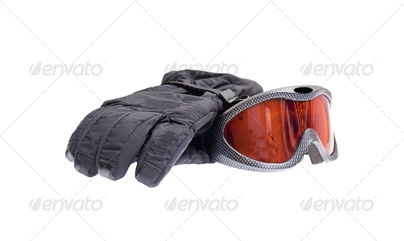 Ski Snowboard Goggles with Gloves Isolated on White - Sports/Activity Conceptual