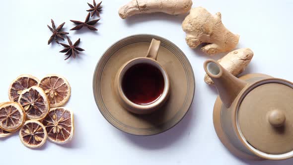 Top View of Herbal Tea and Ingredient on Table alt