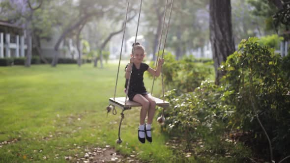 Little Child Girl Have Fun Swaying on Swing in Nature Forest Park alt