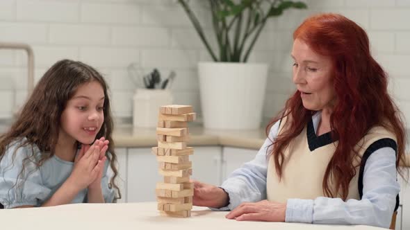 Grandmother and Granddaughter are Playing a Board Game at Home Removing Wooden Blocks From the Tower alt
