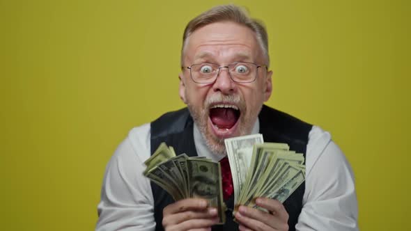 Excited mature man waving dollars alt