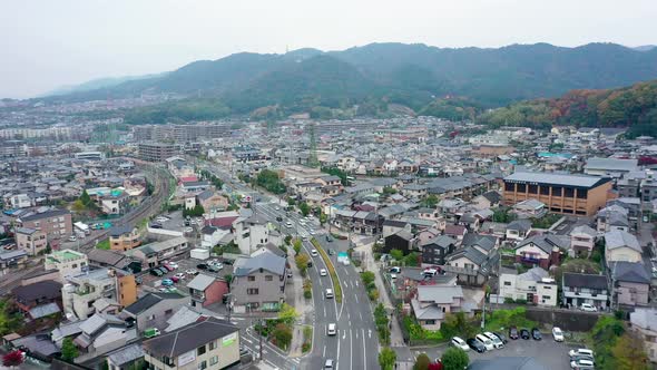 Aerial view 4k by drone of building in Uji City alt