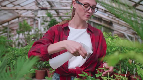 Girl with Glasses Sprays Plants From a Splash or Spray