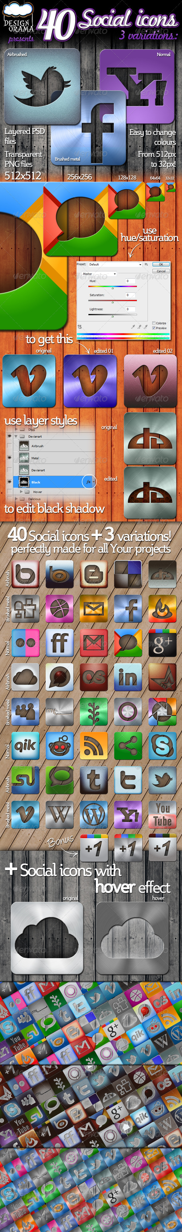 40 Social Icons - Airbrush, Brushed Metal & Normal - Web Icons