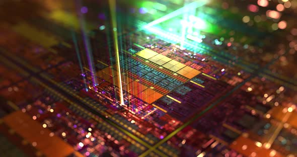 Computer chip on silicon wafer with shining lights