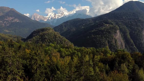 Flying downwards over a fir forest. Nice mountains landscape. Montblanc chain, french Alps. Autumn c alt
