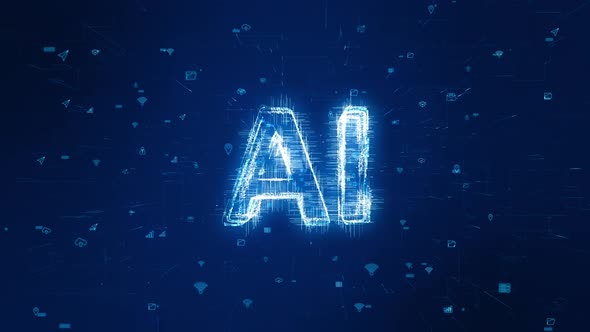 Blue particle AI logo with futuristic technology icon on abstract ...