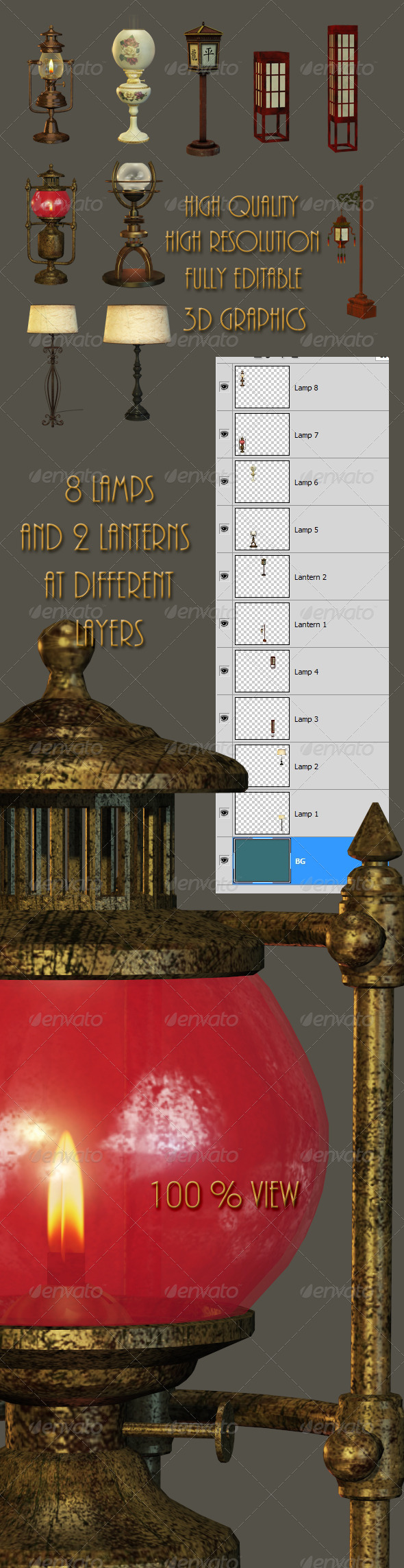 Eight Lamps and Two Lanterns - Objects 3D Renders
