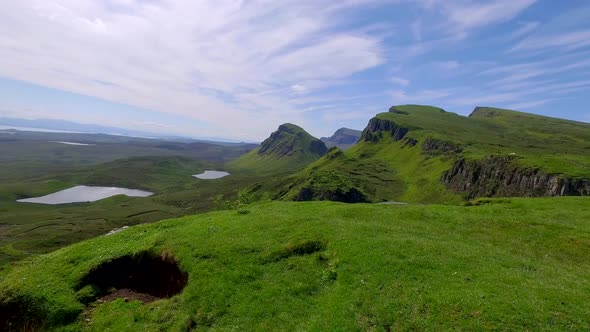 Green valley in mountain Quiraing, Scotland, United Kingdom alt