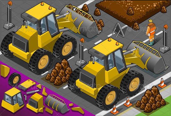 Isometric Yellow Bulldozer in Front View - Objects Vectors