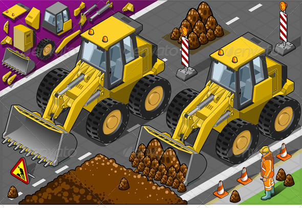 Isometric Yellow Bulldozer in Rear View - Objects Vectors