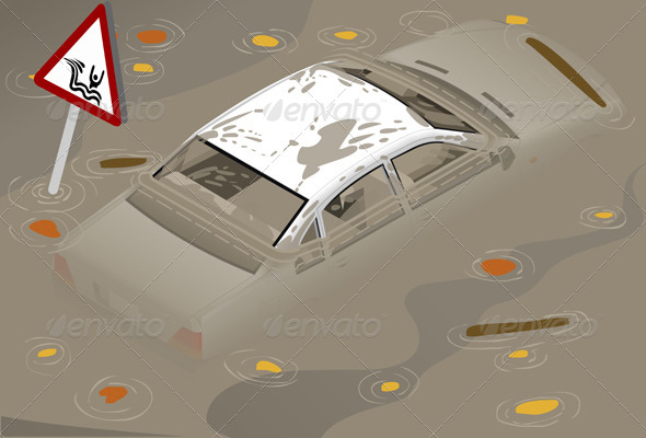 Isometric White Car Flooden in Rear View - Objects Vectors
