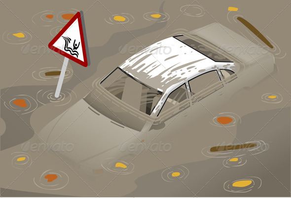 Isometric White Car Flooden in Front View - Objects Vectors
