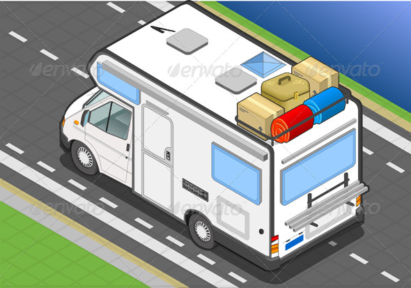 Isometric Camper on the Way in Rear View - Objects Vectors