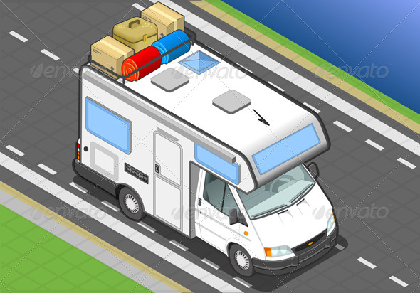 Isometric Camper on the Way in Front View - Objects Vectors