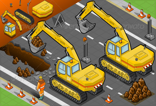 Isometric Yellow Excavator in Rear View - Objects Vectors