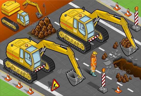 Isometric Yellow Excavator in Front View - Objects Vectors