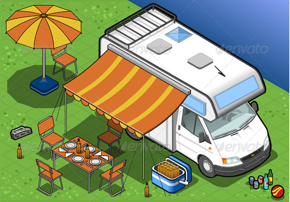 Isometric Camper in Camping in Front View - Objects Vectors