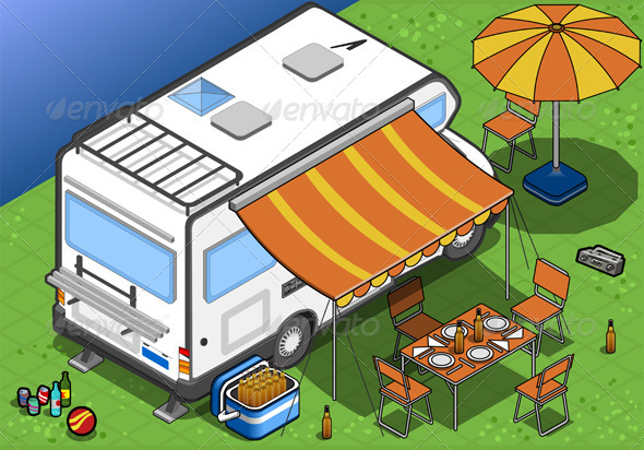 Isometric Camper in Camping in Rear View - Objects Vectors